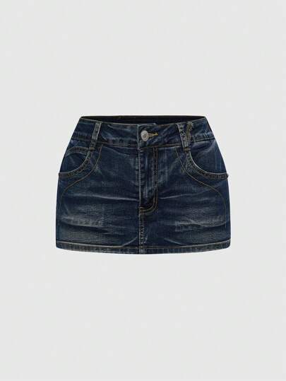 Grunge Punk Plus Size Retro Washed Butterfly Embroidered Fitted Mini Denim Skirt