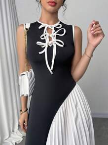 Modelyn 女士撞色系带褶边无袖优雅连衣裙 - 黑與白 - 查看 6