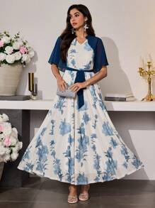 Modelyn Vestido elegante de manga larga con volantes y estampado floral romántico de malla para mujer, para primavera/verano