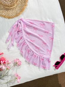 Tween Girls Sweet And Cute Bow Print Beach Cover Up Skirt,Ruffled Sarong - Pink - View 3