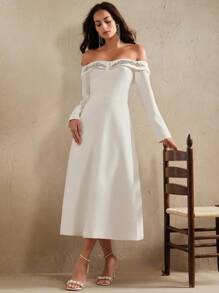 Anewsta Off-White Autumn Elegant Long Sleeve Off Shoulder Sparkling Embellished Long Dress,Modest Business Casual Outfit For Dining,Party,Graduation - Beige - View 3