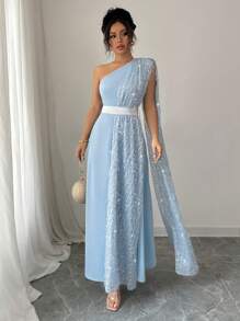 Rafferiza Đầm bodycon dài không tay có thể tháo rời, cạp chun co giãn, trang trí bằng lông vũ và sequin sang trọng, màu xanh nhạt, thanh lịch dành cho nữ - Màu xanh lam - Xem 3