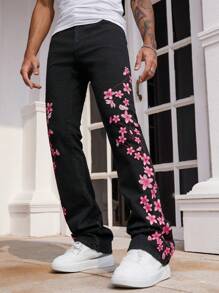ROMWE MEN Street Life Men's Floral Embroidered Layered Flared Jeans - Black - View 5