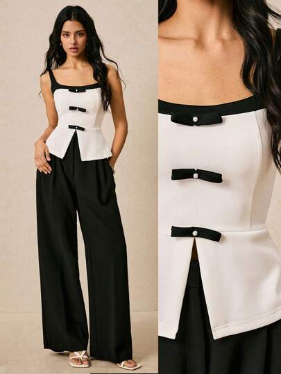 Poéselle Blusa con decoración de lazo, bajo asimétrico en color negro y blanco, blusa elegante con contraste de lazo y abertura en el bajo, top de tirantes de moda para verano, ropa para salir, atuendos de cumpleaños para mujer, atuendos blancos para mujer, top de tirantes blanco, blusas blancas para mujer, atuendos para salir