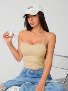 SHEIN PETITE Camiseta básica de mujer de cuello redondo ceñida, blanca, transpirable y sin sujetador - Albaricoque - Ver 4