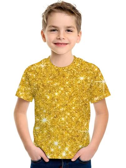 Young Boy Glitter Print Round Neck Short Sleeve Casual Fashion T-Shirt