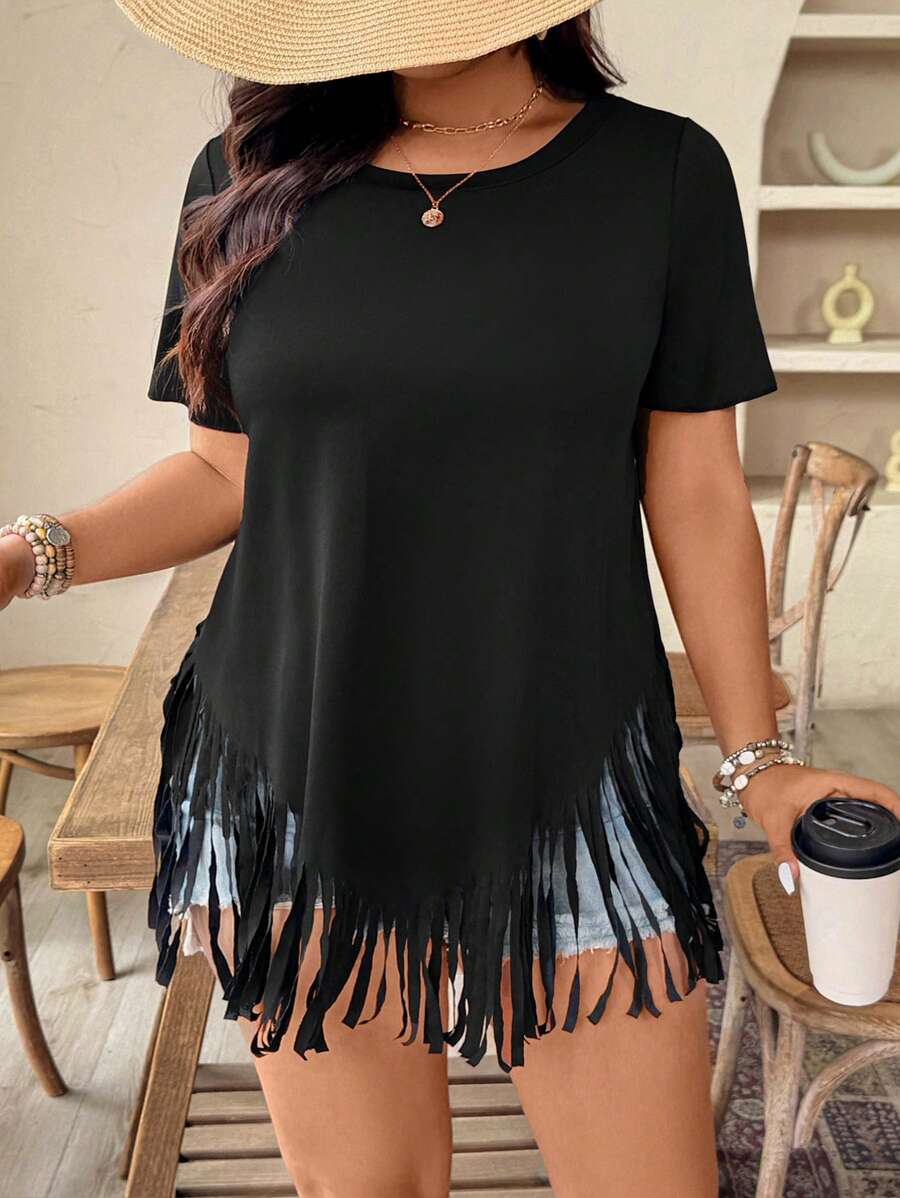 SHEIN CURVE+ 大码女式纯色短袖休闲圆领宽松流苏T恤