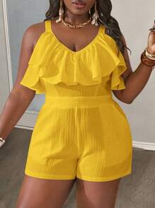Slaydiva Plus Size Women Striped Textured V-Neck Ruffle Trim Sleeveless Jumpsuit - C