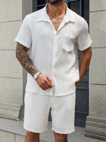 Manfinity Homme Men's Plus Size White Textured Short Sleeve Shirt And Shorts Set - White - View 4