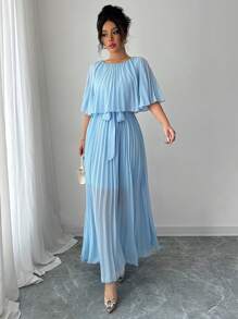 Elenzga 女士优雅通勤休闲舒适迷人度假温柔无袖圆领系带蝴蝶结褶皱雪纺纯色连衣裙 - 藍色 - 查看 4