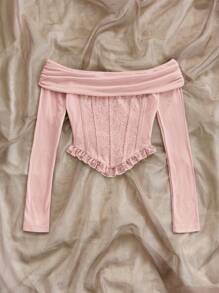 Soleia Off-Shoulder Contrast Lace Ruffle Hem Romantic Blouse For Women, Vacation - Pink - View 5