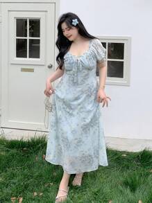 Dazy Plus Floral Print Tie Waist Puff Sleeve Slim Fit Maxi Chiffon Dress Women Dresses Birthday Women Dresses Elegant Gown