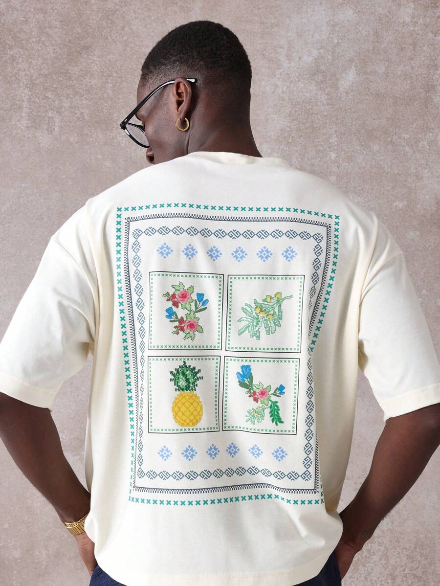 SUMWON Cross Stitch Print T-Shirt Summer Floral Pineapple Design Regular Fit Casual Short Sleeve Urban Streetwear Tropical Pattern Youth Fashion Botanical Fresh - Apricot - View 1