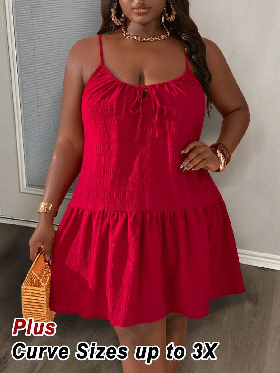 Slaydiva 2025 New Plus Size Women Casual Loose Flowing A-Line Mini Dress, V-Neck Spaghetti Strap, Versatile For Spring & Summer - Red - View 1