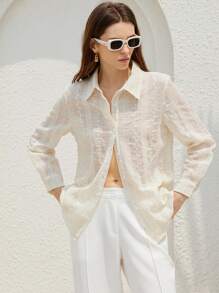 SHEIN Privé Summer New Arrival Heavy Embroidery Special Fabric Minimalist Elegant Turndown Collar Button Front Loose Sheer Long Sleeve Blouse For Women - Cream - View 3