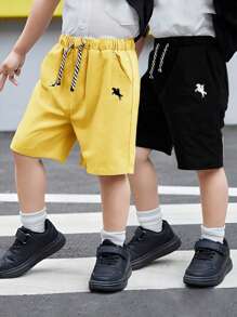 SHEIN Pantalones cortos informales de verano para niños preadolescentes con bolsillo sesgado y cintura con cordón