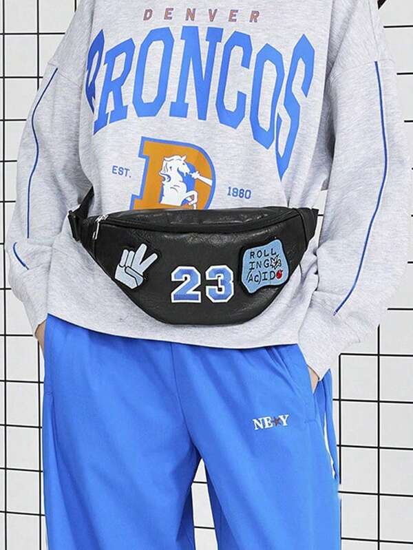 SHECARRY Bolsa de cintura para mujer de piel de PU, estilo colegial, de vacaciones, de calle, deportivo, para pasar la noche, para citas, Y2K, punk del futuro, motocicleta, dulce, cool, deportivo, retro, vintage, con decoración de insignias y gráficos