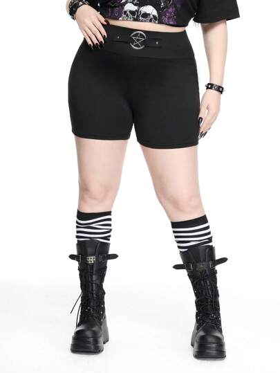 Goth Plus Size Women Punk Academy Metal Button Decor Skinny 3/4 Leggings Shorts