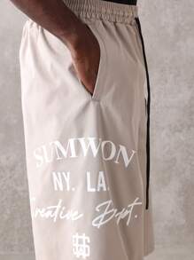 SUMWON North La Creative Department Athletic Shorts Casual Summer Streetwear Relaxed Fit Basketball Training Workout Shorts With Text Print Design - Khaki - View 8