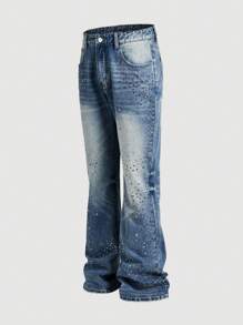 ROMWE MEN Street Life Men's Street Life Stacked Diamond Embellished Flared Jeans