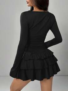 SHEIN EZwear 大码黑色派对透视长袖迷你蛋糕连衣裙 - 黑色 - 查看 2