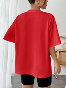 INAWLY Camiseta casual de mujer de cuello redondo y hombros caídos con estampado numérico, para verano - Rojo - Ver 2