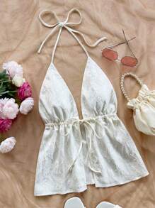 Soleia Women's Casual Vacay Paisley Textured Ruched Halter Crop Cami Top - White - View 1