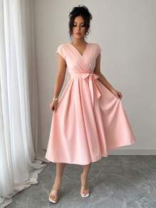 Elenzga Vestido elegante de mujer corte evasé con cuello en V y cintura, color rosa romántico