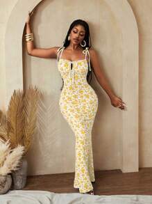 BamGleam Women Floral Print Bodycon Sexy Fashion Elegant Party Vacation Festival Summer Dress - Yellow - View 1