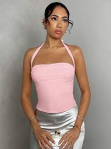 Glamine 性感白色露背褶皱无袖背心，外出背心，女士派对上衣，节日狂欢背心 - 粉色 - 查看 6