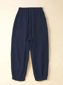 Linhara Plus Size Casual Solid Color Jogger Pants - Navy Blue - View 2