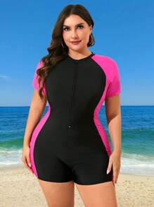 Swim SPRTY Plus Size Women's Contrast Color Short Sleeve One-Piece Swimsuit & Shorts, Suitable For Vacation For Summer - Rose Red - View 5