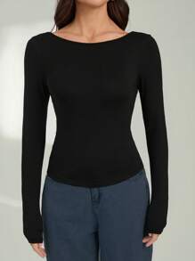 SHEIN Tall Backless Lace Stitching Backless Women's T-Shirt Top. Sexy Date Wear Suitable For Summer. - Black - View 2