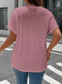 Calvaya Plus Size V-Neck Short Sleeve Tee With Textured Wooden Button Cuff Design, Casual & Commuter-Friendly - Dusty Pink - View 2
