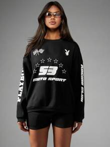 Missguided x Playboy Sudadera deportiva de estilo de carreras de coches, competición de motorsport, colección de trofeo, bandera a cuadros, estilo urbano, deporte, casual, otoño, invierno, ropa deportiva
