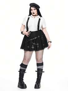 ROMWE Goth Falda con dobladillo de encaje y tirantes anchos con diseño de colgante de cruz gótico, tallas grandes - Negro - Ver 2