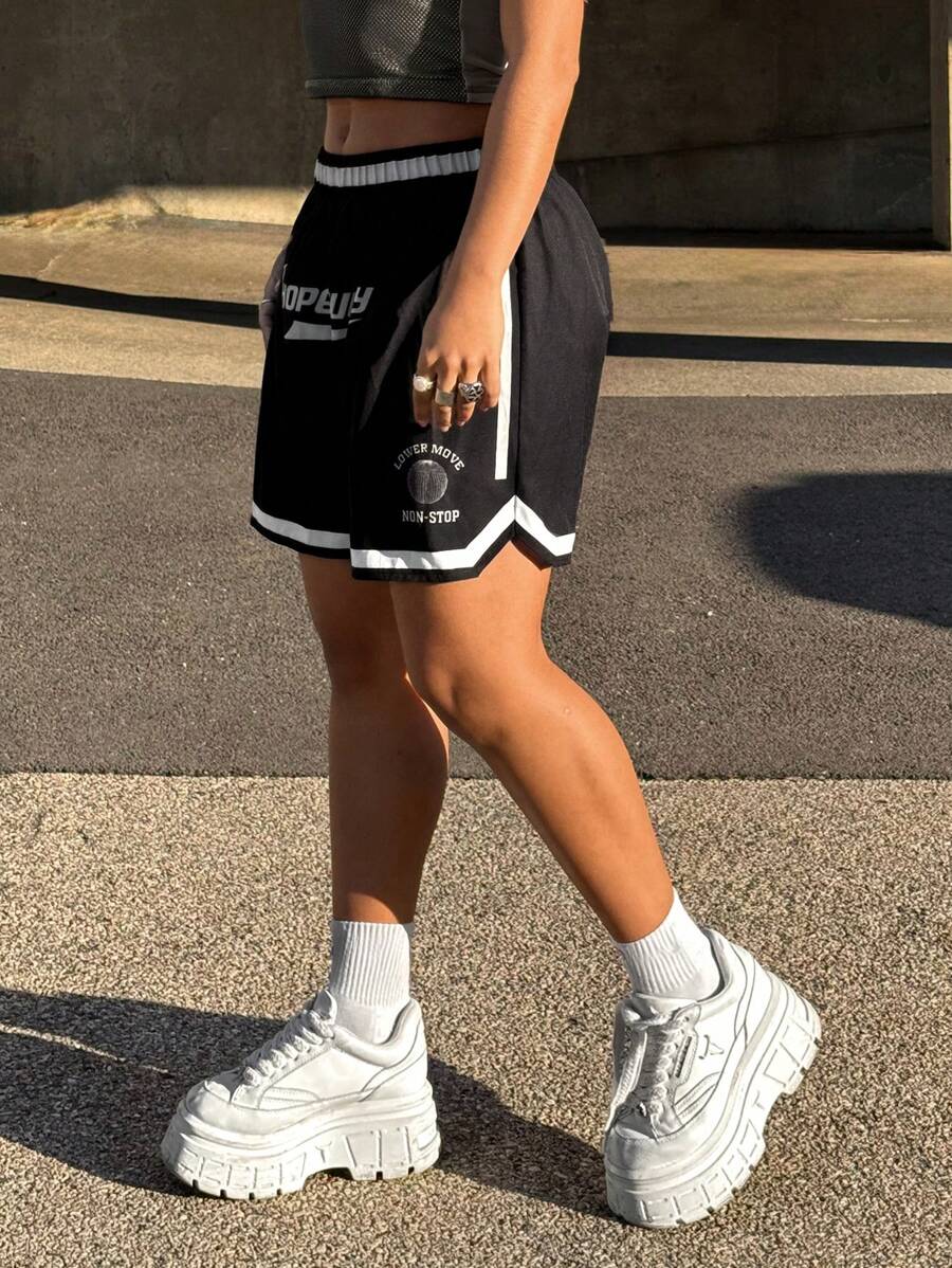 StreetHx Women Streetwear Casual Sports Contrast Color Letter Print Shorts - Black - View 1