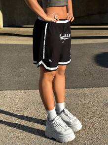 StreetHx Women Streetwear Casual Sports Contrast Color Letter Print Shorts - Black - View 5