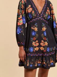 Travachic Floral Printed 3/4 Sleeve Form-Fitting Woven Mini Dresses For Women, , Festival Outfits For Women, Summer Outfits For Women, Vacation Outfits Women, Beachwear, Easter, Beach Outfits For Women, Summer Clothes - Black - View 7