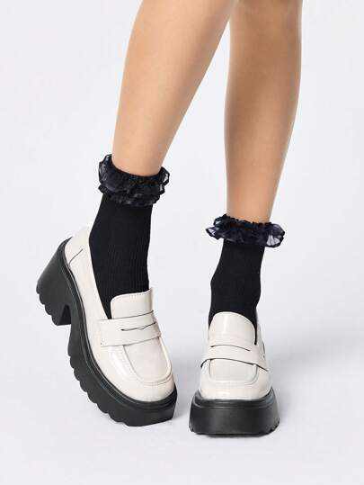 Kawaii British Style Women's Thick Sole Platform Loafers, Black Leather Fashion Chunky Heel Shoes, Autumn/Spring