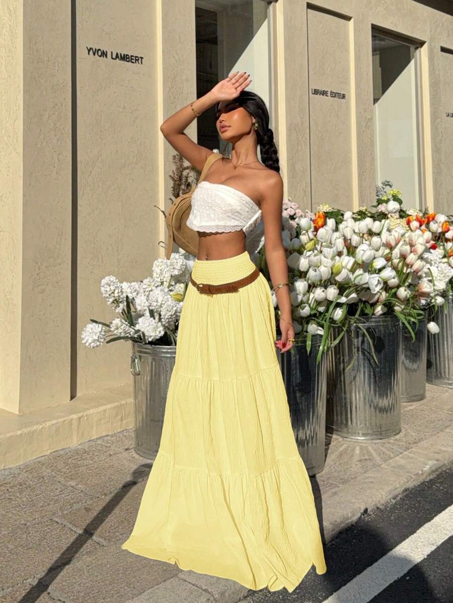 MainGRL Women's Yellow Pleated Ruched Hem A-Line Skirt, Summer,Butter Yellow - Yellow - View 1