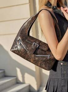 SHECARRY Women Fashion Punk Y2K Rivet Zipper Decor Shoulder Bag, Hobo Bag - Coffee Brown - View 2