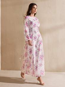 Graceveil Damen Frühlings-/Sommerkleid mit langem Blumen- und Palmenblatt-Muster, romantisch mit geraffter Taille, weitem Rock, bescheiden und elegant im arabischen Stil - Verschiedenfarbig - Übersicht 5