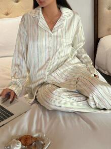 DAZY Stripe Print Satin Loose Striped Shirt & Pants Pajama Set - Yellow - View 6