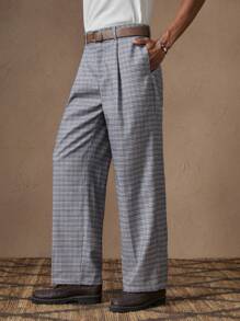 AKNOTIC X Nawaf Alabid 男士梭织格子裤配腰带，休闲宽松直筒长裤适合夏季、度假、日常搭配、聚会、情侣装，男士礼物 - 卡其色 - 查看 4