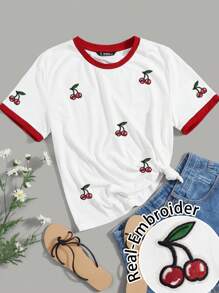 SHEIN EZwear Women's Casual Cherry Embroidered Contrast Color Trim Short Sleeve T-Shirt, Suitable For Summer Suitable For Going Out - Red and White - View 7