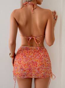 Swim Vcay 3pcs Women Leopard Print Halter Triangle Bra, Mesh Mini Skirt With Side Tie Bikini Set For Summer Beach Vacation