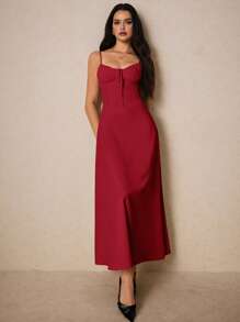 Poéselle Đầm midi không tay buộc dây phía trước màu trơn cho nữ, mùa hè - Màu Đỏ Sâu - Xem 6