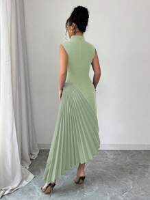 Elenzga 女士优雅时尚通勤休闲节日派对魅力无袖不对称领腰部合身不对称褶皱下摆拼接纯色连衣裙 - 薄荷綠 - 查看 2