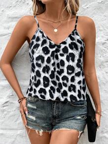 SHEIN LUNE Top sin mangas con cuello en V, plisado, con tirantes, estampado de leopardo vintage, para uso casual, vacaciones, elegante y diario para mujer